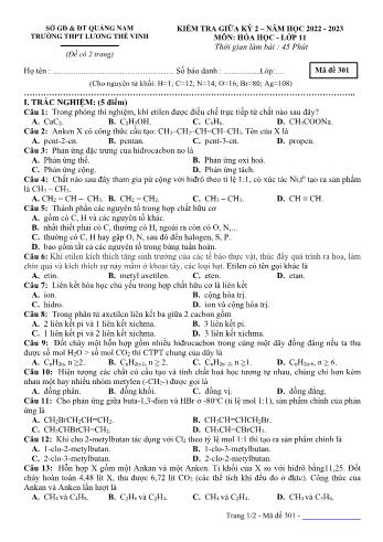 Kiểm tra giữa kì 2 Hóa học Lớp 11 - Mã đề 301 - Năm học 2022-2023 - Trường THPT Lương Thế Vinh (Có đáp án)