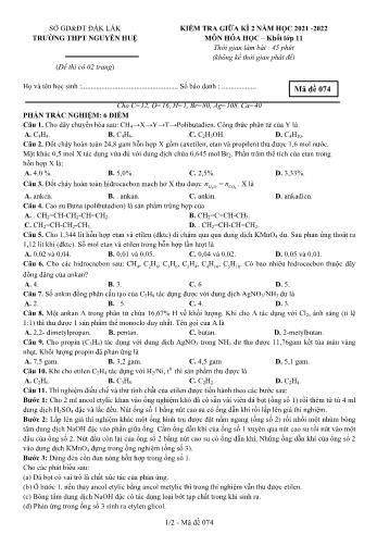 Kiểm tra giữa kì 2 Hóa học Lớp 11 - Năm học 2021-2022 - Trường THPT Nguyễn Huệ (Có đáp án)