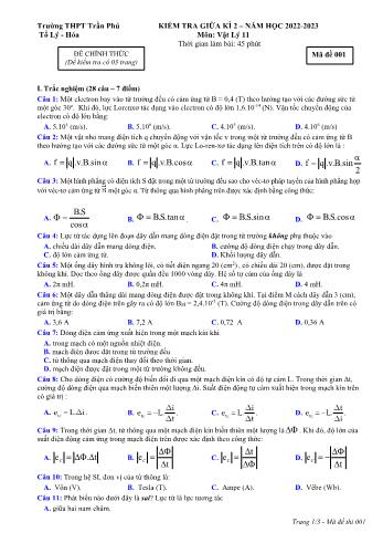 Kiểm tra giữa kì 2 Vật lí Lớp 11 - Mã đề 001 - Năm học 2022-2023 - Trường THPT Trần Phú