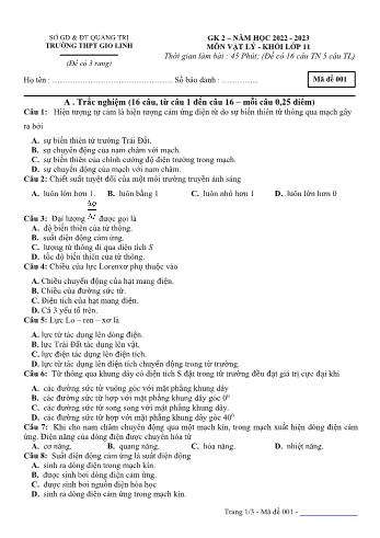 Kiểm tra giữa kì 2 Vật lí Lớp 11 - Mã đề 001 - Năm học 2022-2023 - Trường THPT Gio Linh (Có đáp án)