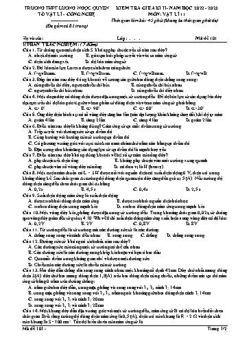 Kiểm tra giữa kì 2 Vật lí Lớp 11 - Mã đề 101 - Năm học 2022-2023 - Trường THPT Lương Ngọc Quyến
