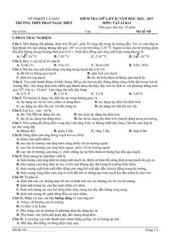 Kiểm tra giữa kì 2 Vật lí Lớp 11 - Mã đề 101 - Năm học 2022-2023 - Trường THPT Phan Ngọc Hiển (Có đáp án)