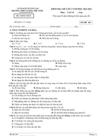 Kiểm tra giữa kì 2 Vật lí Lớp 11 - Mã đề 201 - Năm học 2022-2023 - Trường THPT Lương Thế Vinh (Có đáp án)